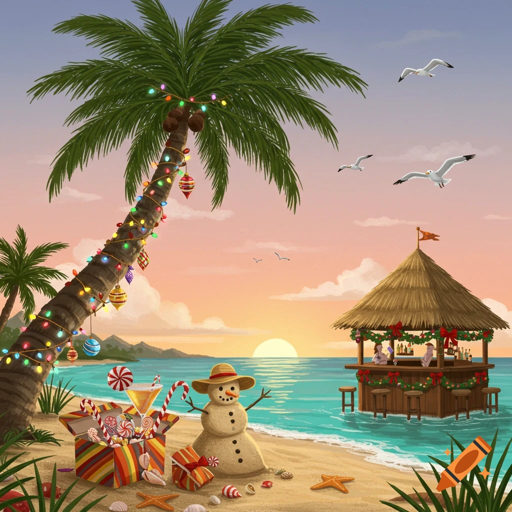 A vibrant illustration of a tropical beach at sunset with a palm tree decorated with Christmas lights, a sand snowman, and a festive tiki bar in the ocean.