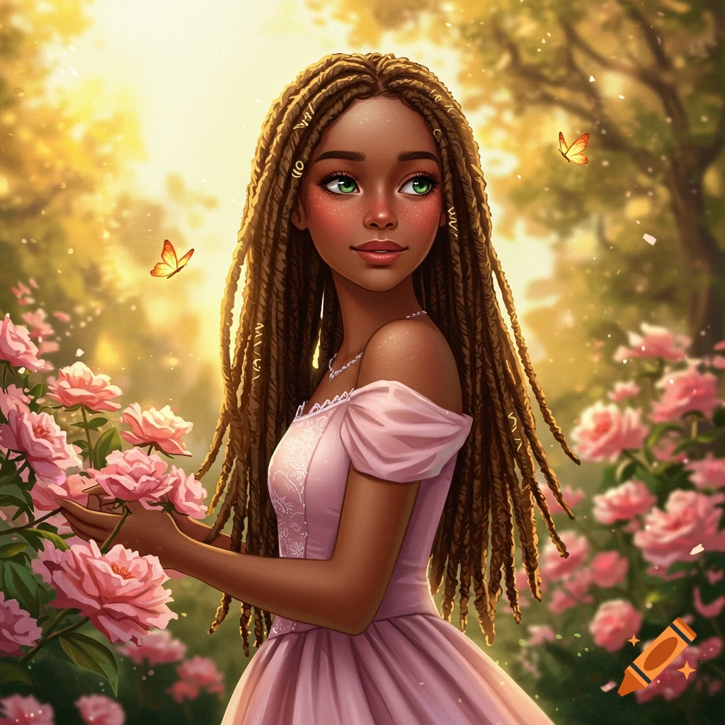 A whimsical illustration of a girl with long brown braids and green eyes, wearing a pink dress, standing in a sunny garden filled with pink roses and butterflies.