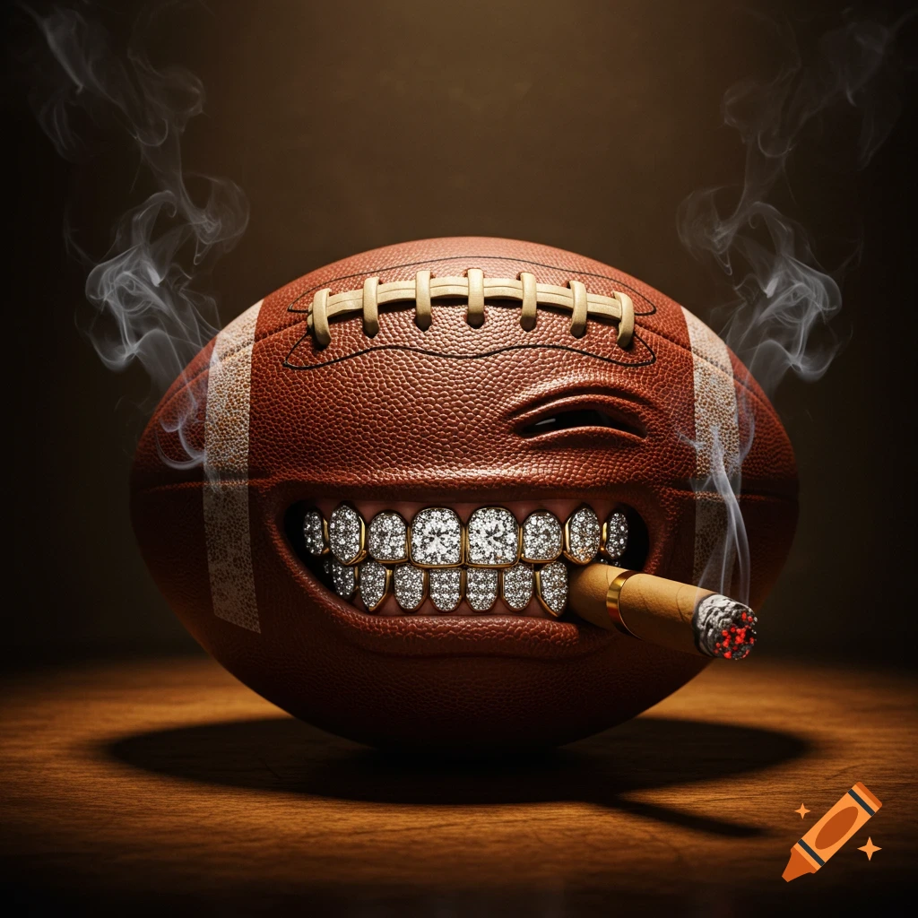 Photorealistic image of a winking football with diamond grill teeth, smoking a cigar with wisps of smoke.