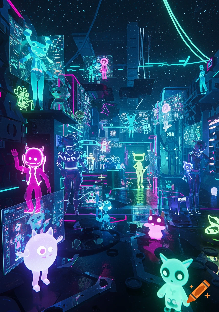 A vibrant, neon-lit metaverse scene with various glowing, stylized avatars and futuristic screens, set under a starry sky.