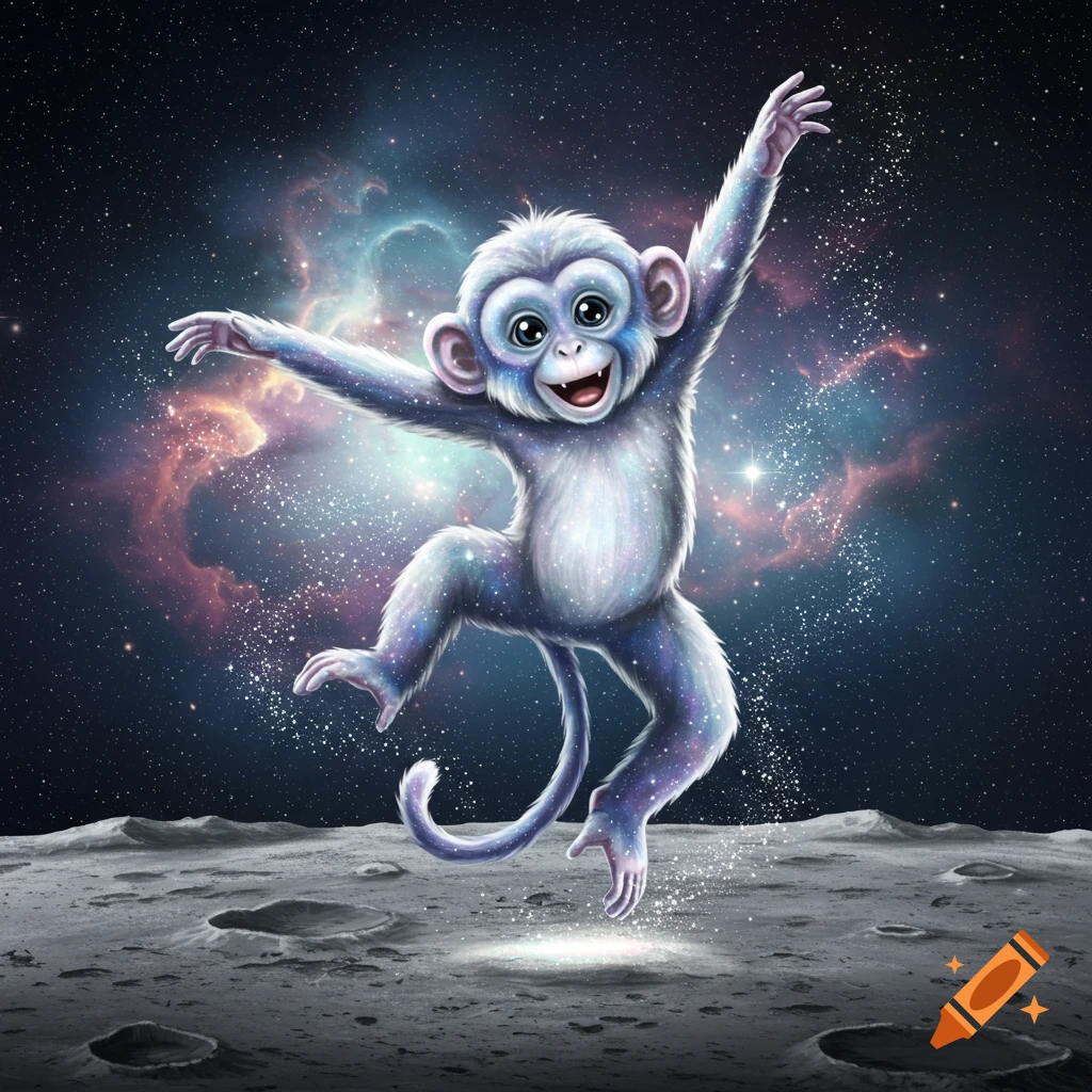 A happy, starry monkey dancing on the moon with a colorful cosmic background.