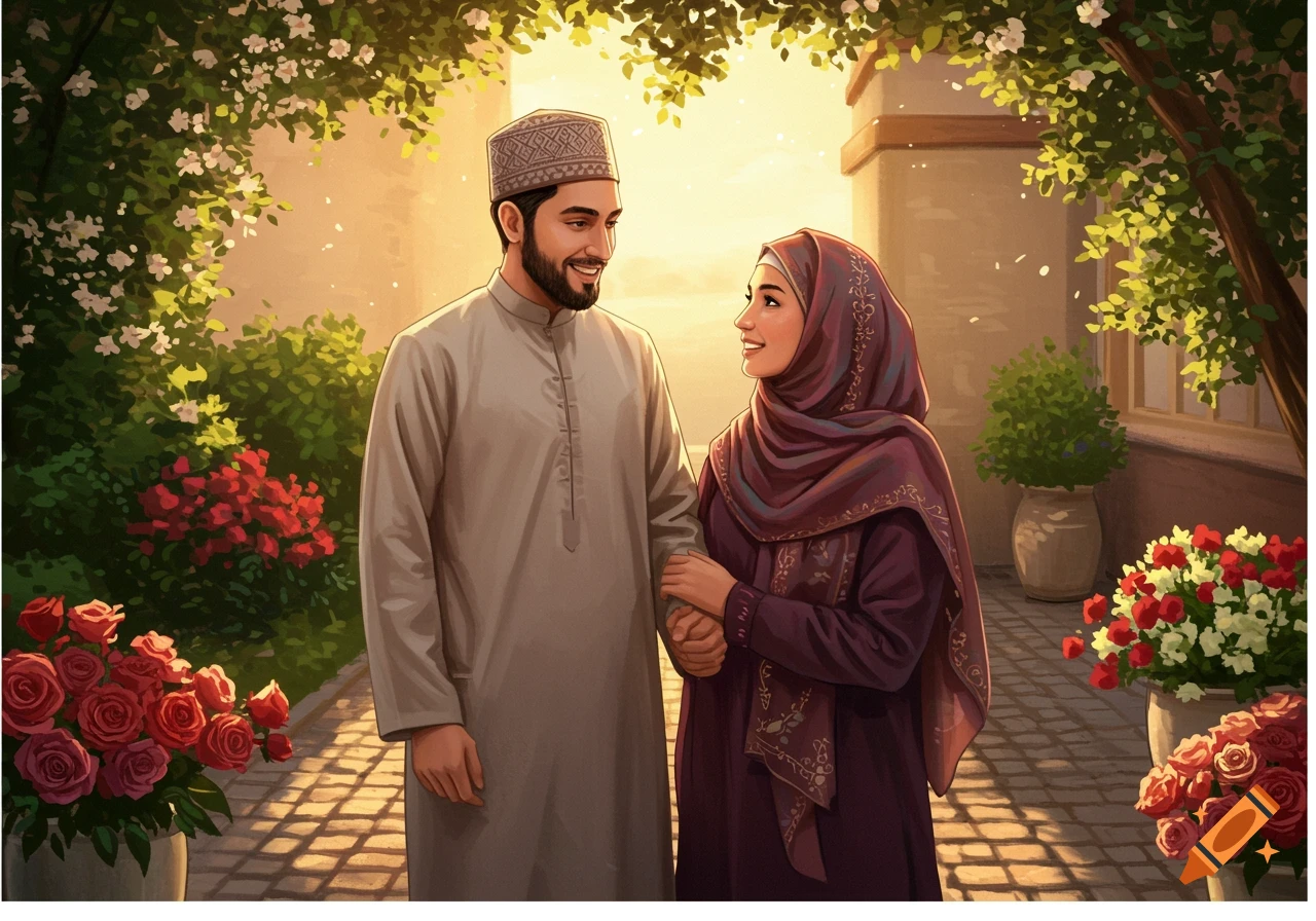 An illustration of a smiling Muslim couple holding hands, walking through a lush garden with flowers under warm sunlight.