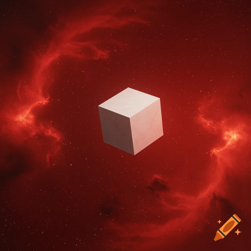 A white cube floats in the center of deep red space, surrounded by glowing red nebula clouds and scattered white stars.