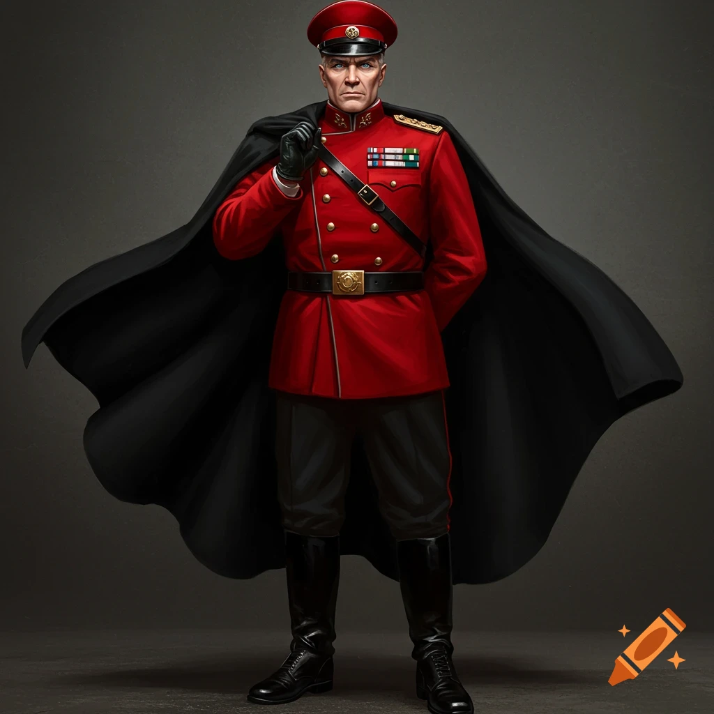 Realistic portrait of an intimidating man in a red military uniform, black cape, and matching hat, with blue eyes.