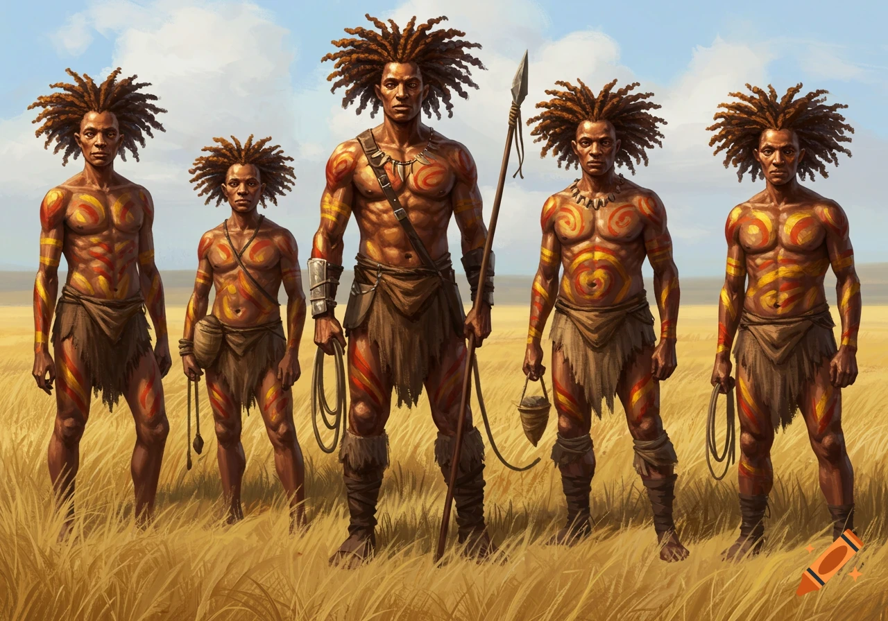 Five tribal men with dreadlocks and red and yellow body paint stand in a grassy savanna, one holding a spear.