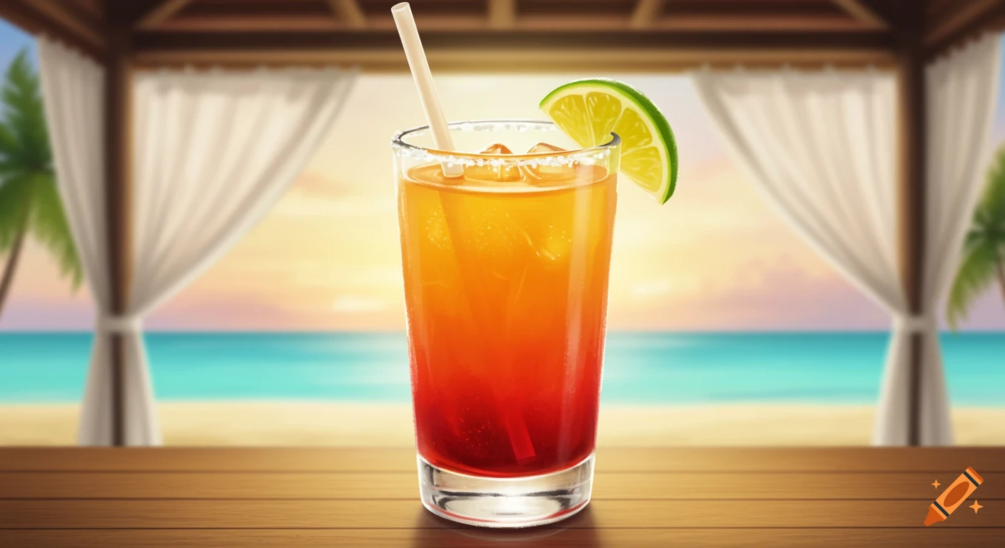A vibrant tequila sunrise cocktail with a lime slice on a wooden table, overlooking a blurry beach at sunset. Illustrated.