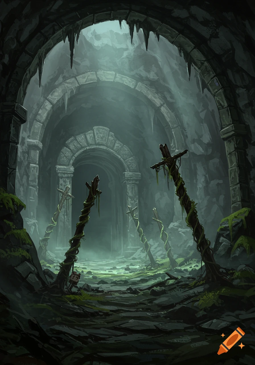 A dark, misty cavern features decaying stone arches and weathered, vine-covered poles standing upright in a mossy, rocky foreground.