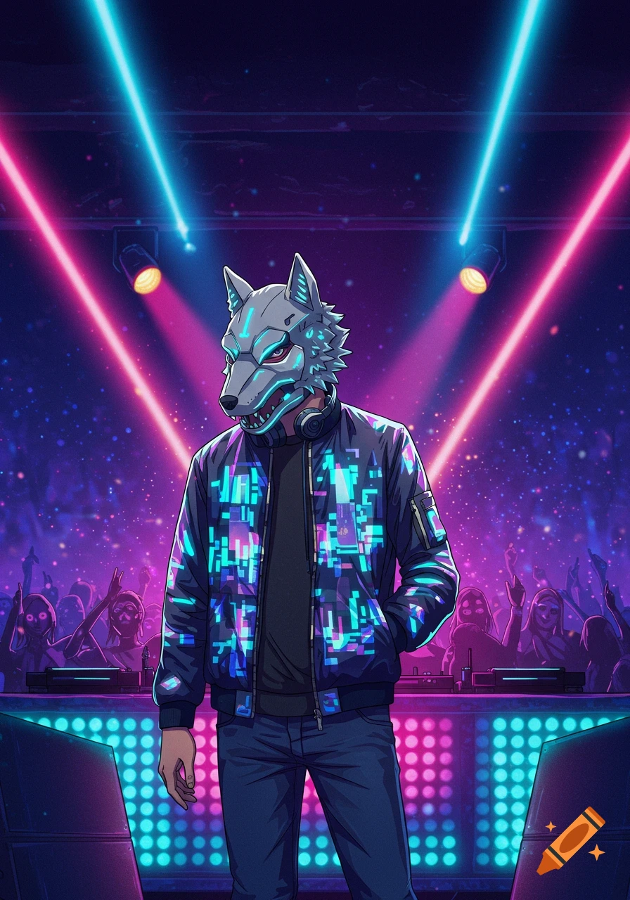 Anime style male DJ wearing a wolf mask and digital bomber jacket in a neon-lit club.