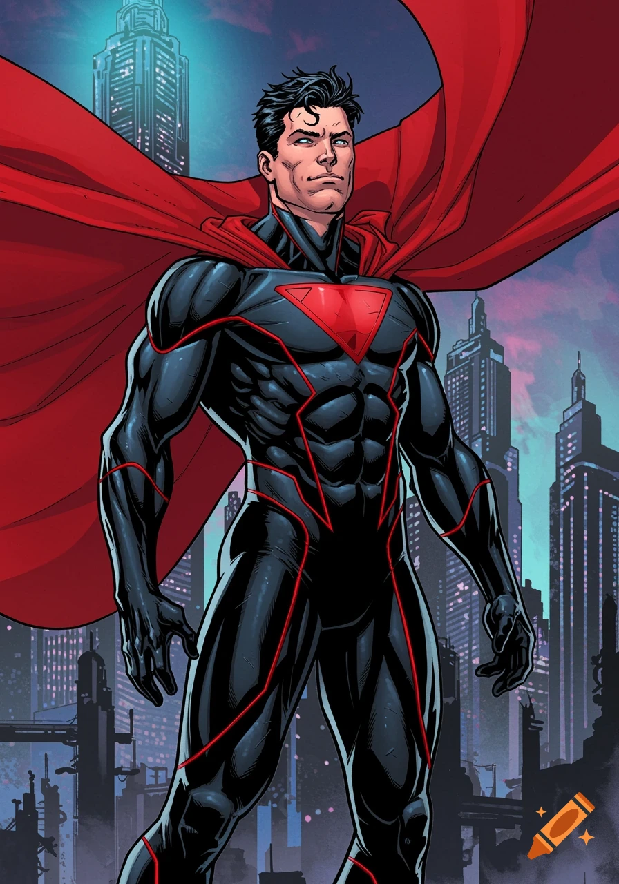 A male superhero in a black suit with red accents and a red cape stands in a cityscape, in comic art style.
