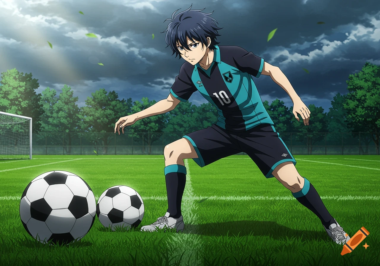 An anime male soccer player in a blue and black jersey and shorts on a green field with two soccer balls and a goal in the background.