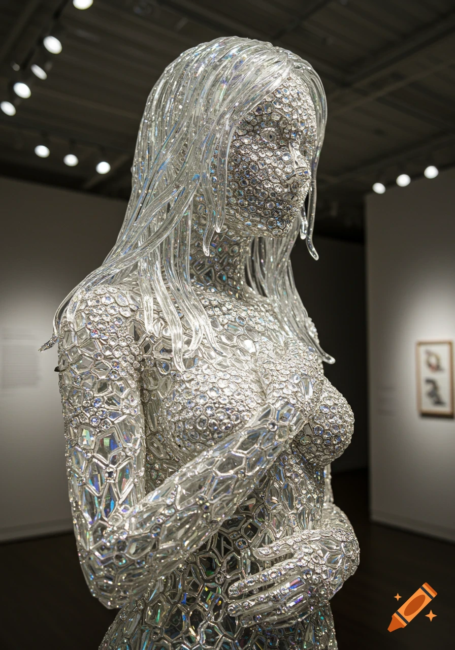 A side profile of a shimmering crystal and glass statue of a woman with long wavy hair, in a museum setting.