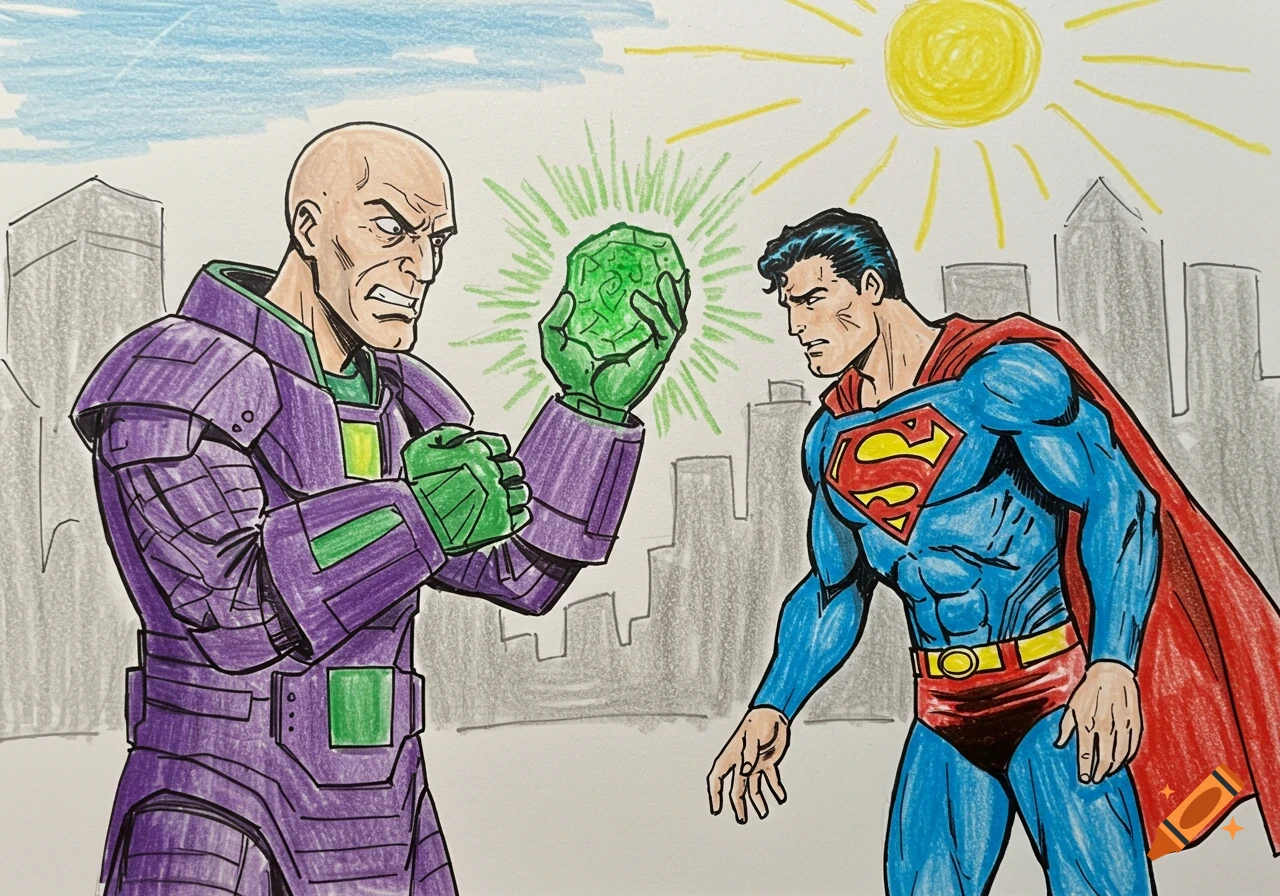Crayon drawing of Lex Luthor holding Kryptonite as Superman reacts, with a city skyline and sun in the background.