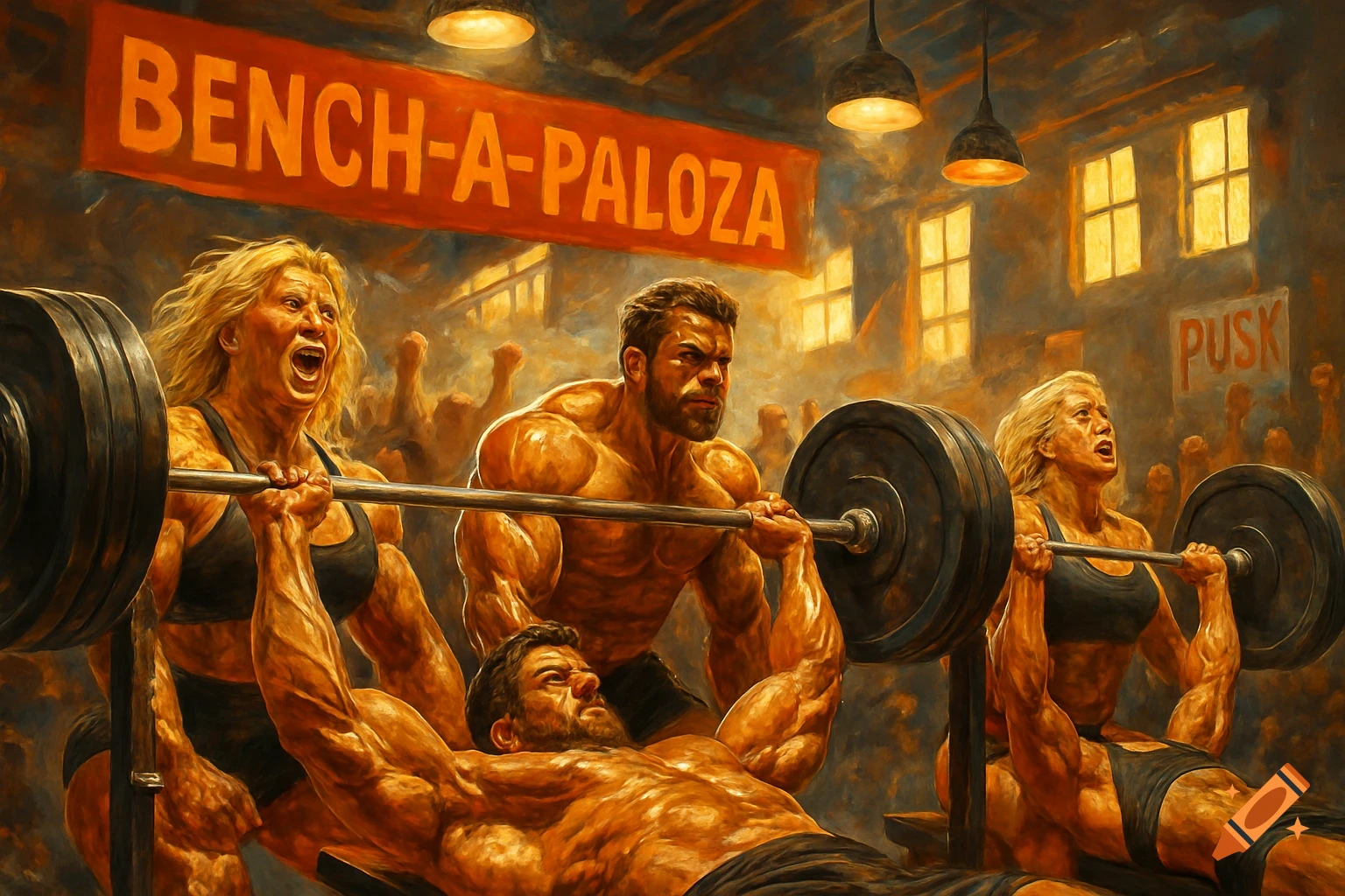 An oil painting style image of a "Bench-A-Paloza" weightlifting event, showing three muscular bodybuilders, two women and one man, performing bench presses while spectators cheer in the background.