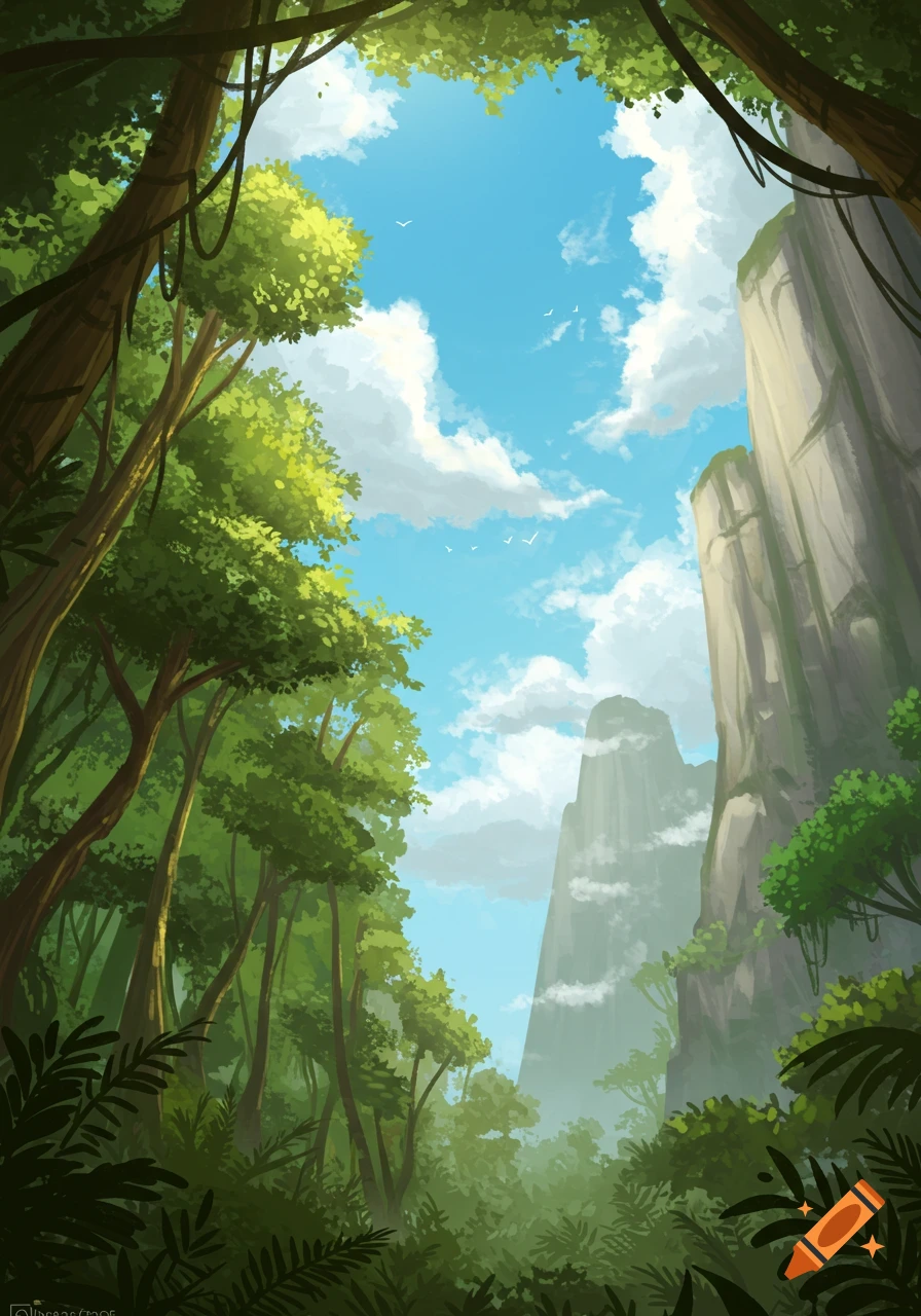 Lush, vibrant jungle scene looking up at a bright blue sky with white clouds, framed by tall trees and a large mountain.