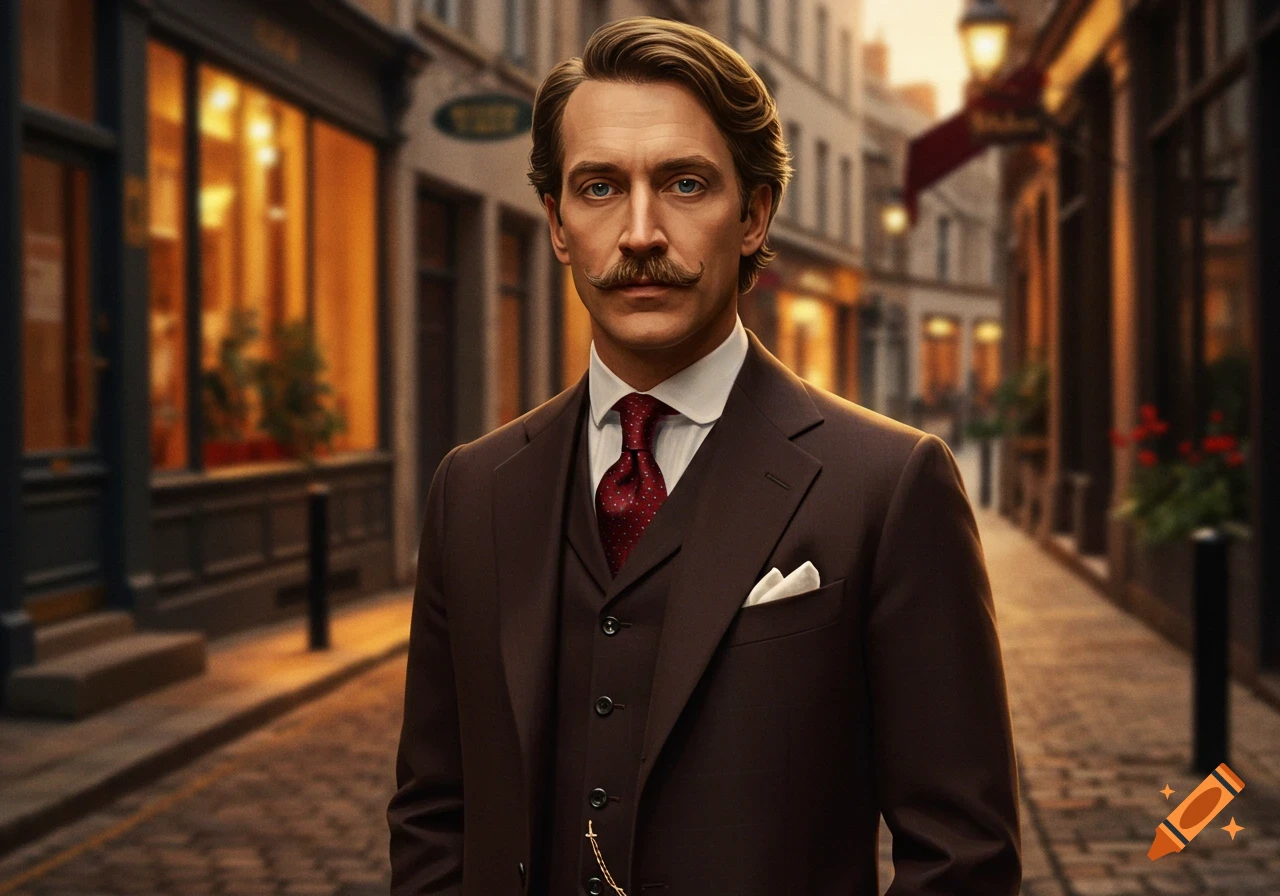 A man with a mustache in a brown suit and red tie stands on a cobblestone street in a European city.