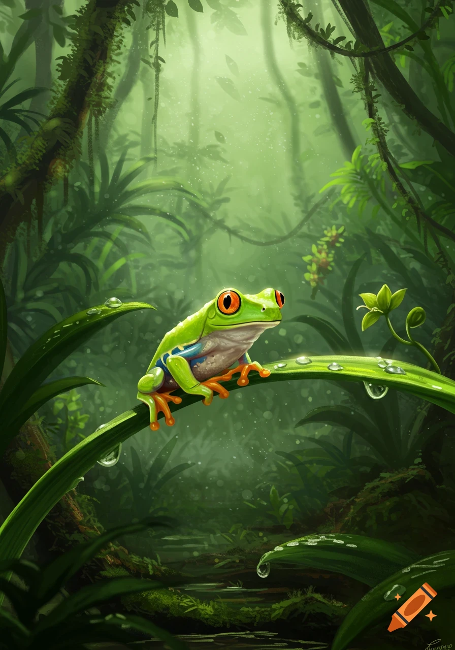 Vibrant green red-eyed tree frog sitting on a dew-covered leaf in a lush, misty rainforest. Illustration style.