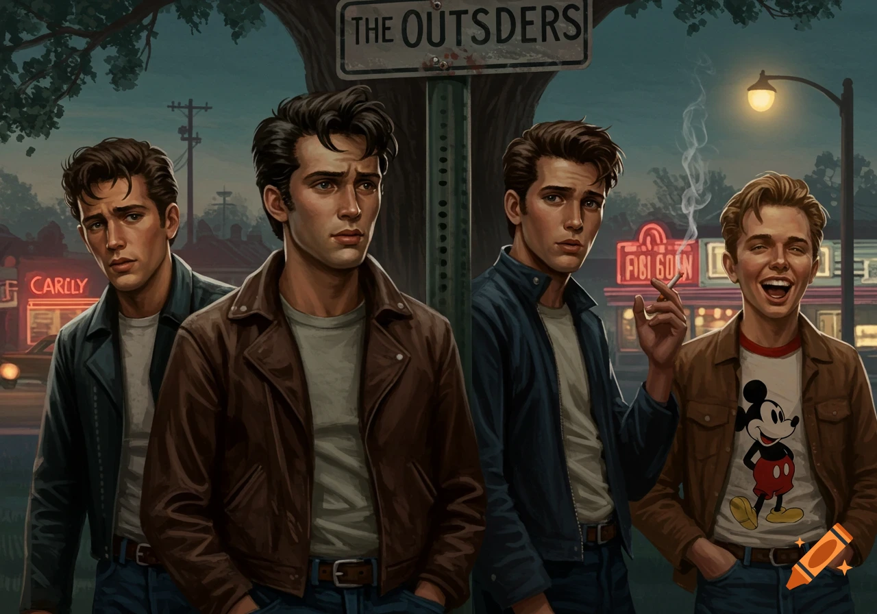 Four young men with greased hair and leather jackets from "The Outsiders" stand outside at dusk. One smokes, one laughs, others look pensive, in an illustrated style.