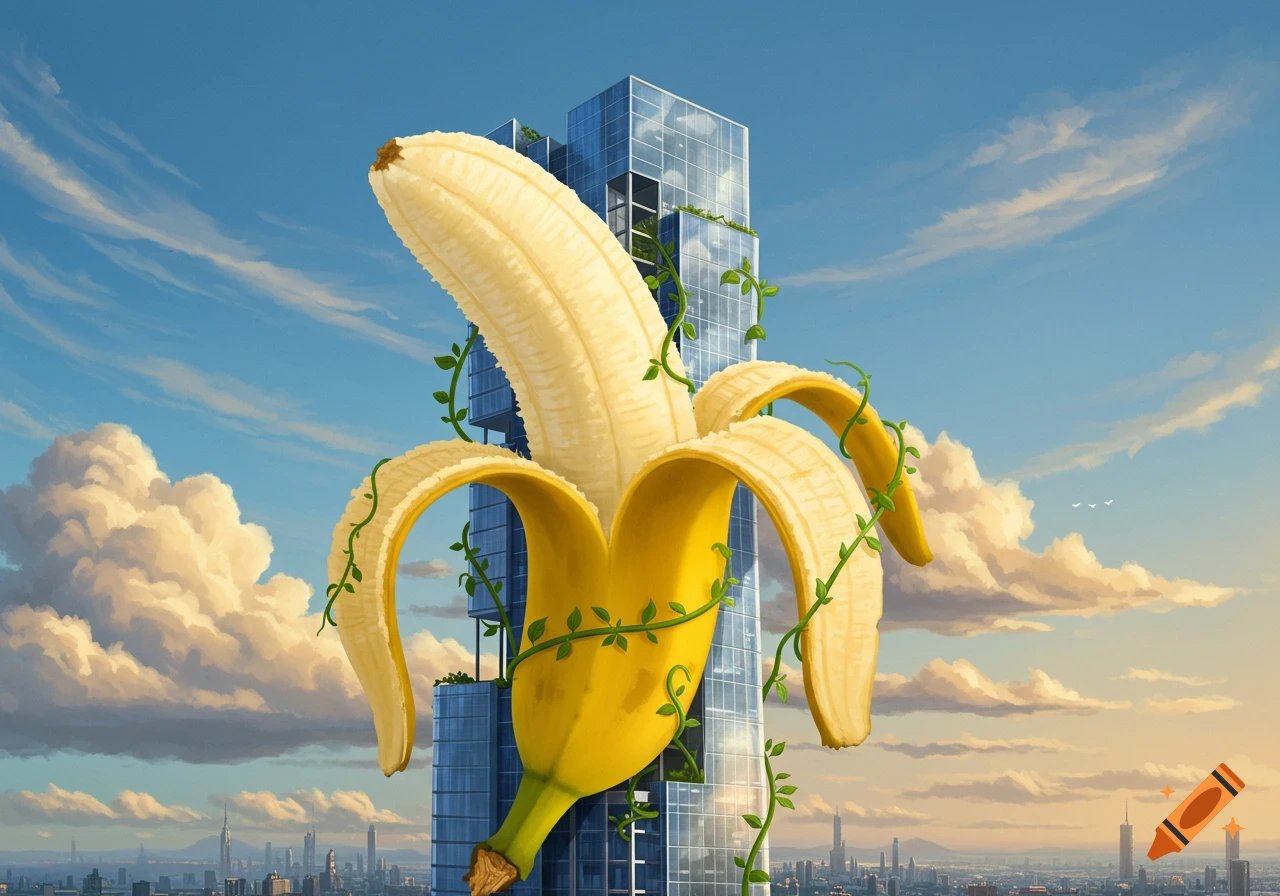 A giant peeled banana, wrapped in vines, stands as a skyscraper in a city skyline.