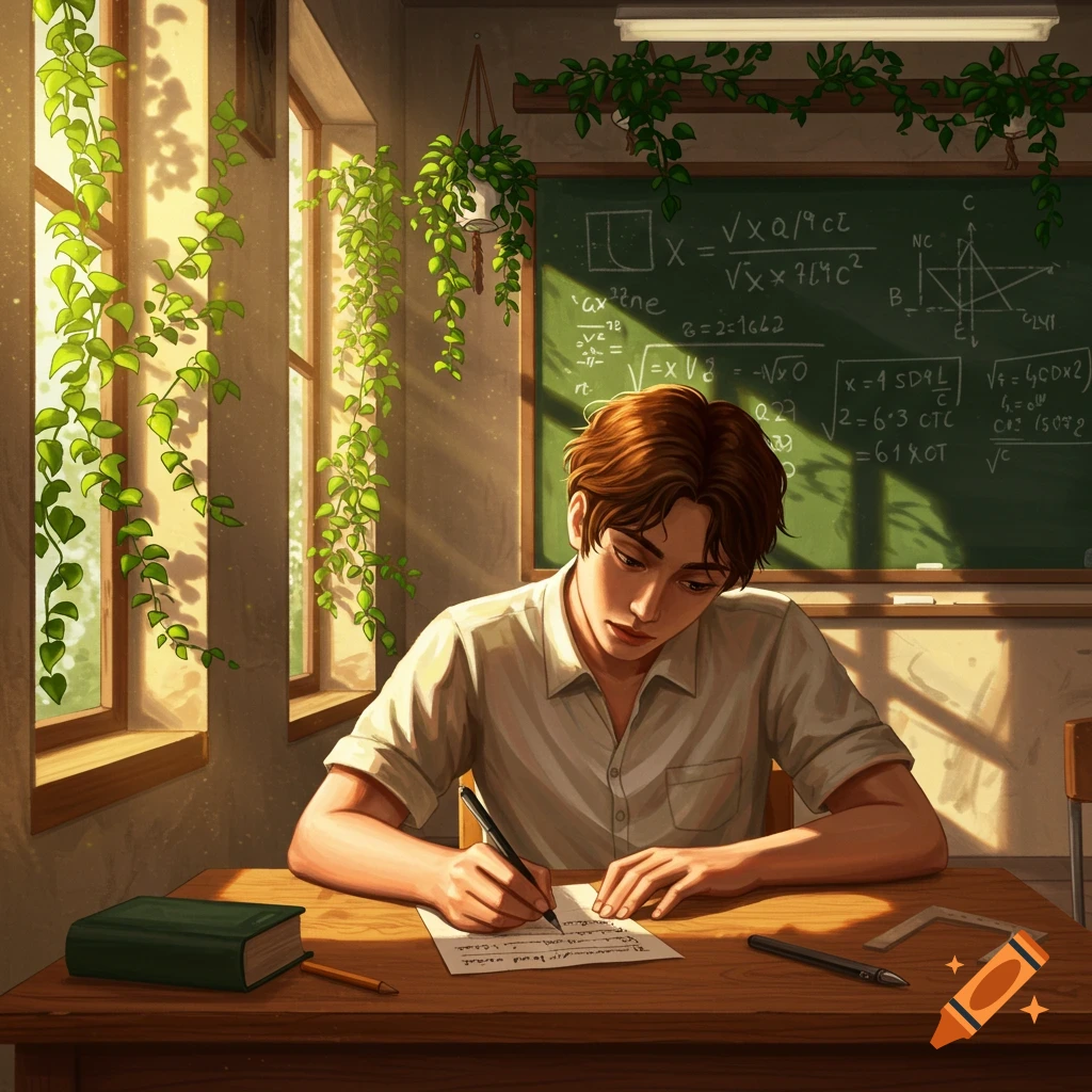 A young man with brown hair studies at a desk in a sunlit classroom, writing on paper with a pen. A blackboard with equations and green plants adorn the room.