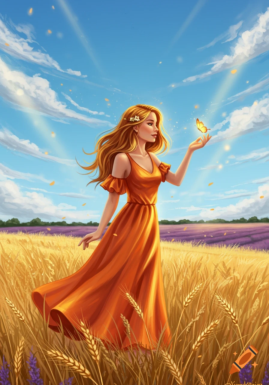 A woman in an orange dress stands in a golden wheat field, a butterfly resting on her outstretched hand under a blue sky.