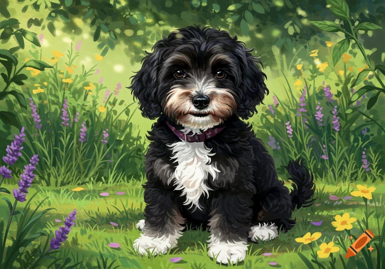 A cute black Cockapoo dog with white chest and paws and a purple collar sits in a field of green grass and wildflowers, digital illustration.