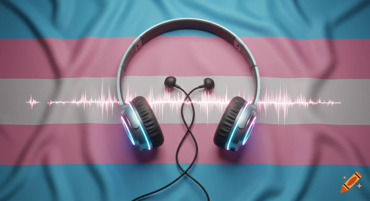 Headphones and earbuds resting on a transgender flag with a glowing sound wave graphic.