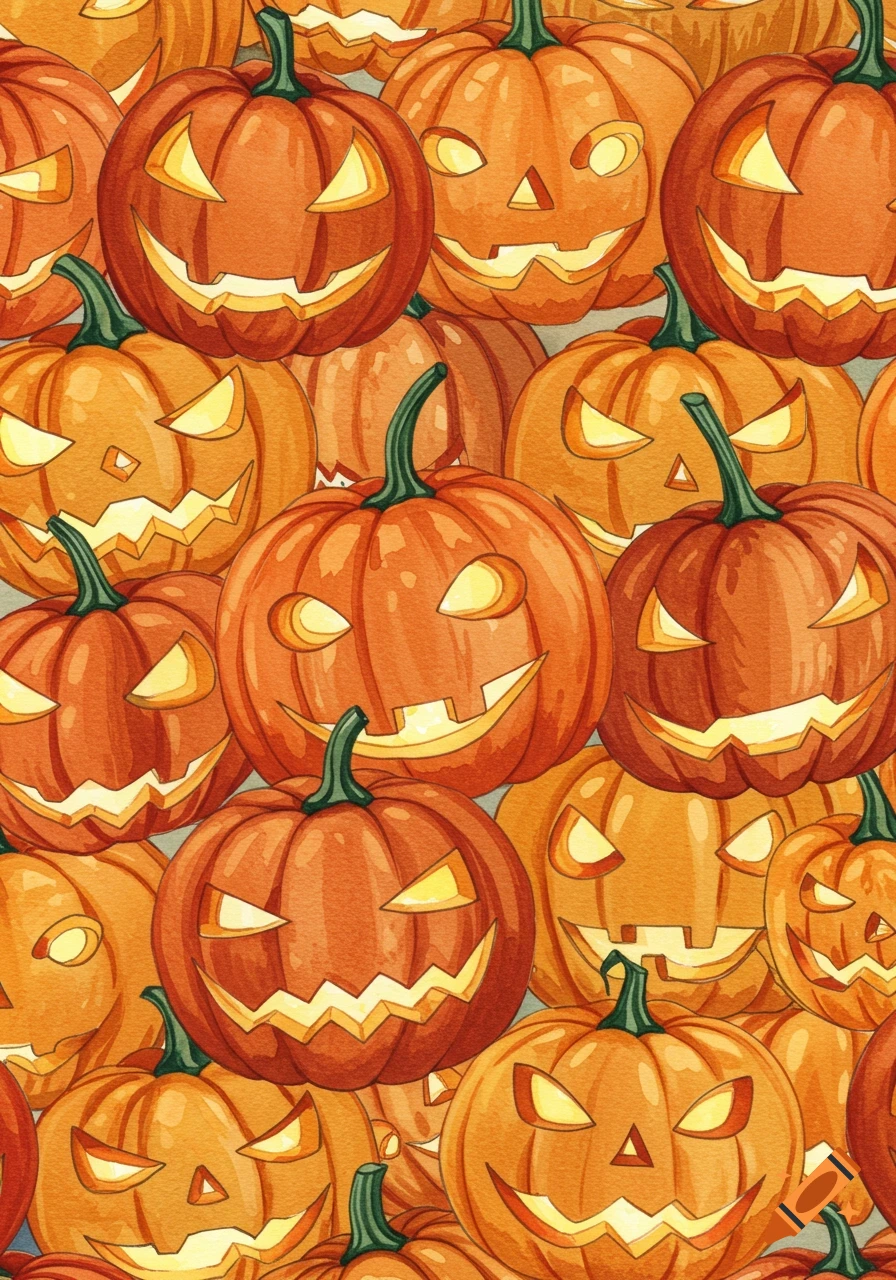 A watercolor seamless pattern of various smiling and scary jack-o'-lanterns.