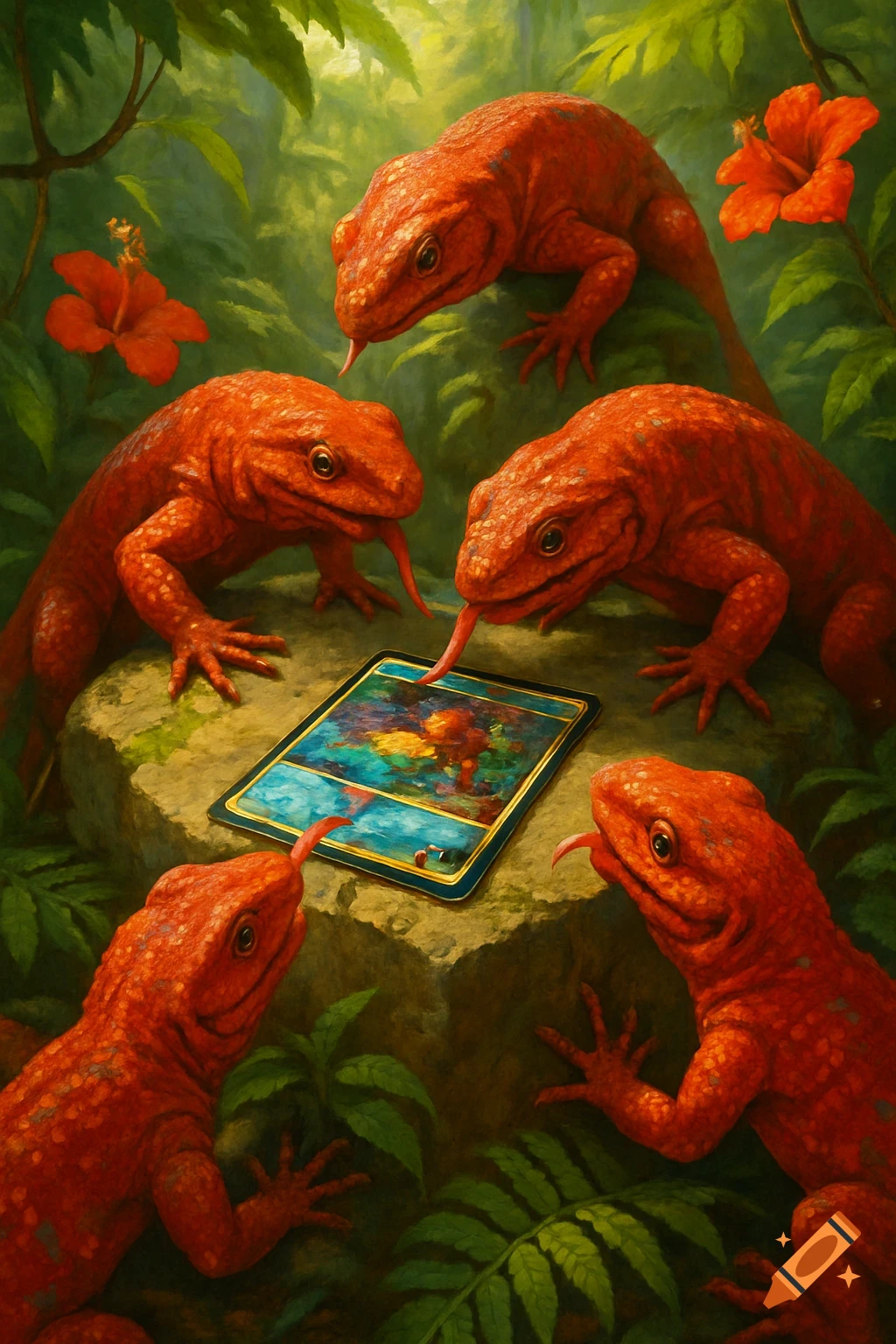 Five red lizards with long tongues licking a fantasy trading card on a mossy rock in a lush jungle, painterly style.
