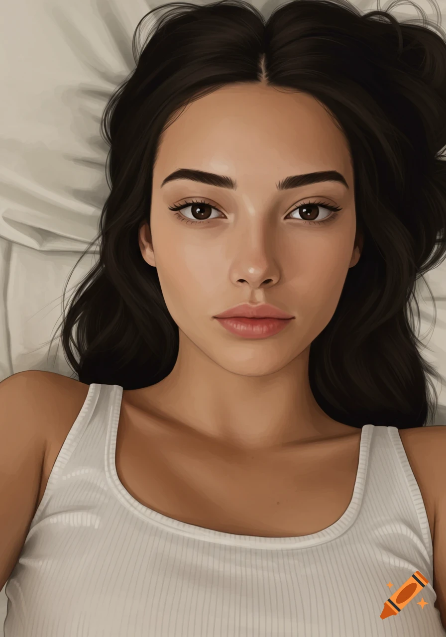 A young woman with dark hair and a white tank top looks directly at the camera while lying down. Stylized art.