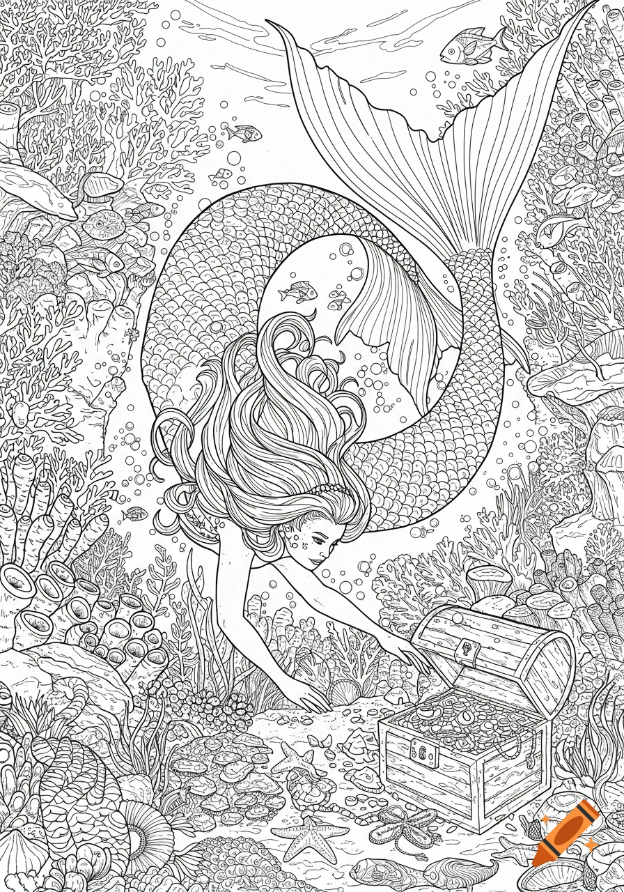 Black and white coloring page of a lifelike mermaid with long hair reaching for an open treasure chest filled with gold and jewels on the ocean floor, surrounded by coral and fish.