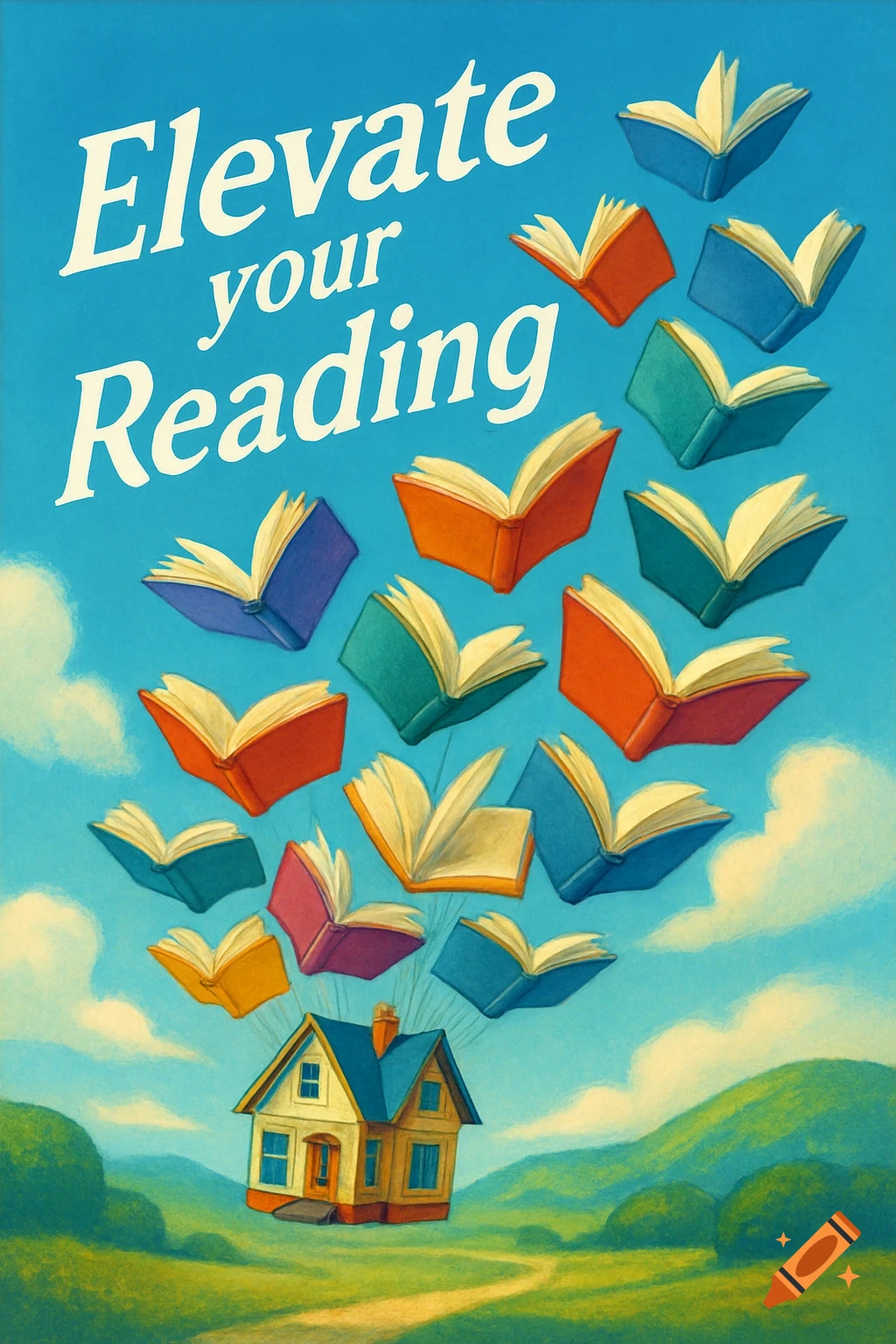 A whimsical illustration of a house floating into a blue sky, pulled by many colorful open books, with 'Elevate your Reading' text above.
