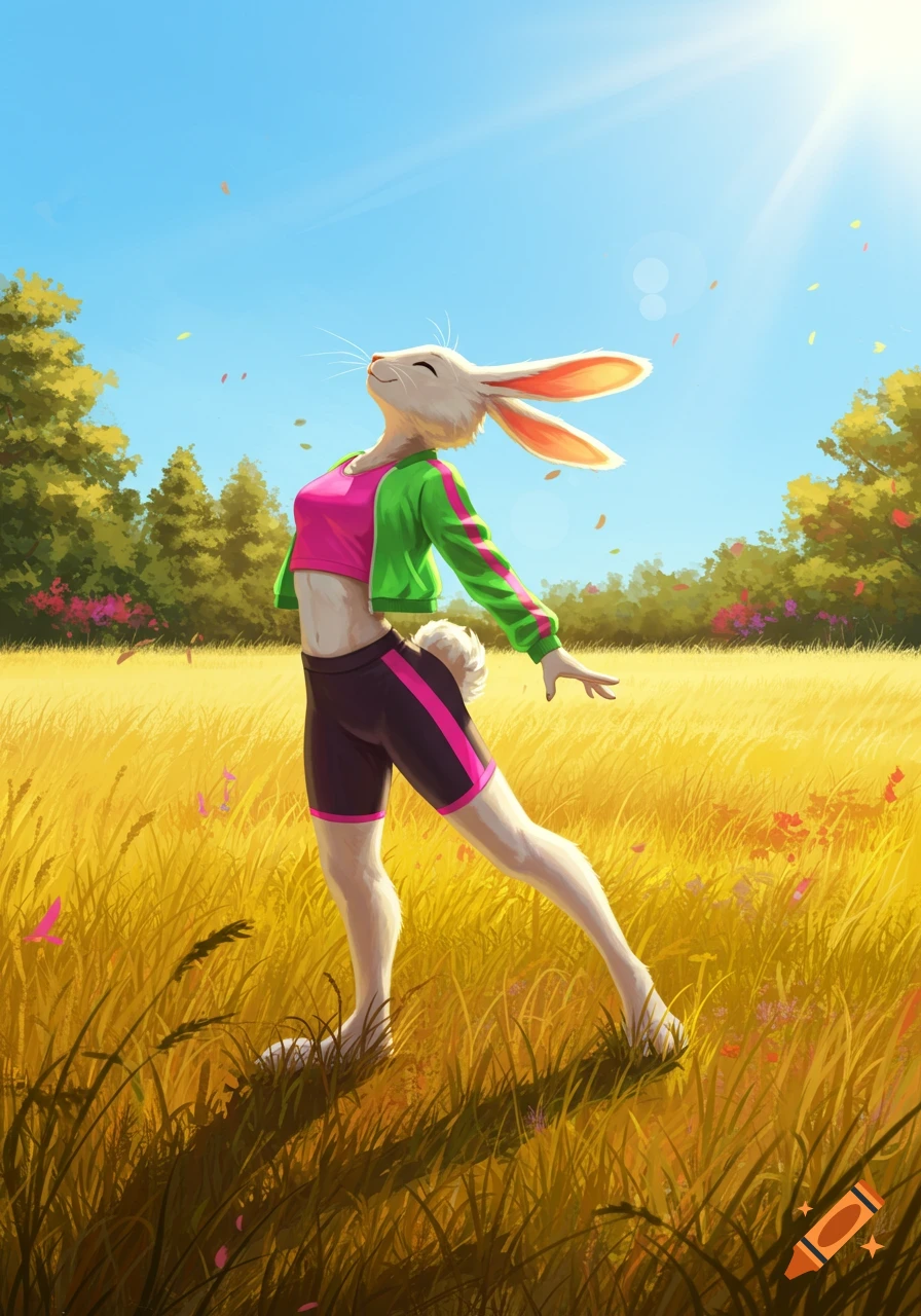 An anthropomorphic bunny in a pink top and green jacket stretches in a sunny golden field with blue sky.