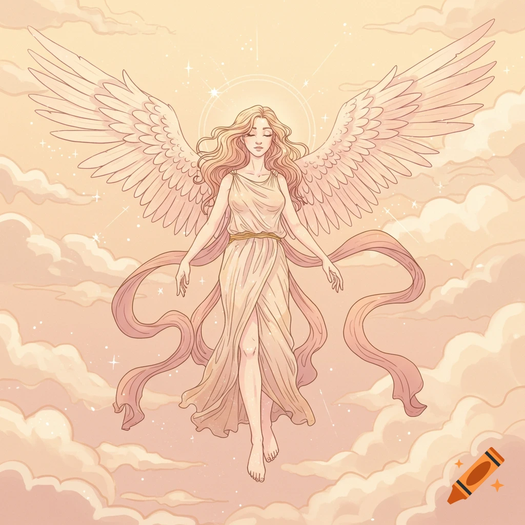 An angelic woman with blonde hair and large wings floats serenely in a soft pastel sky with clouds, in a fine line illustration.