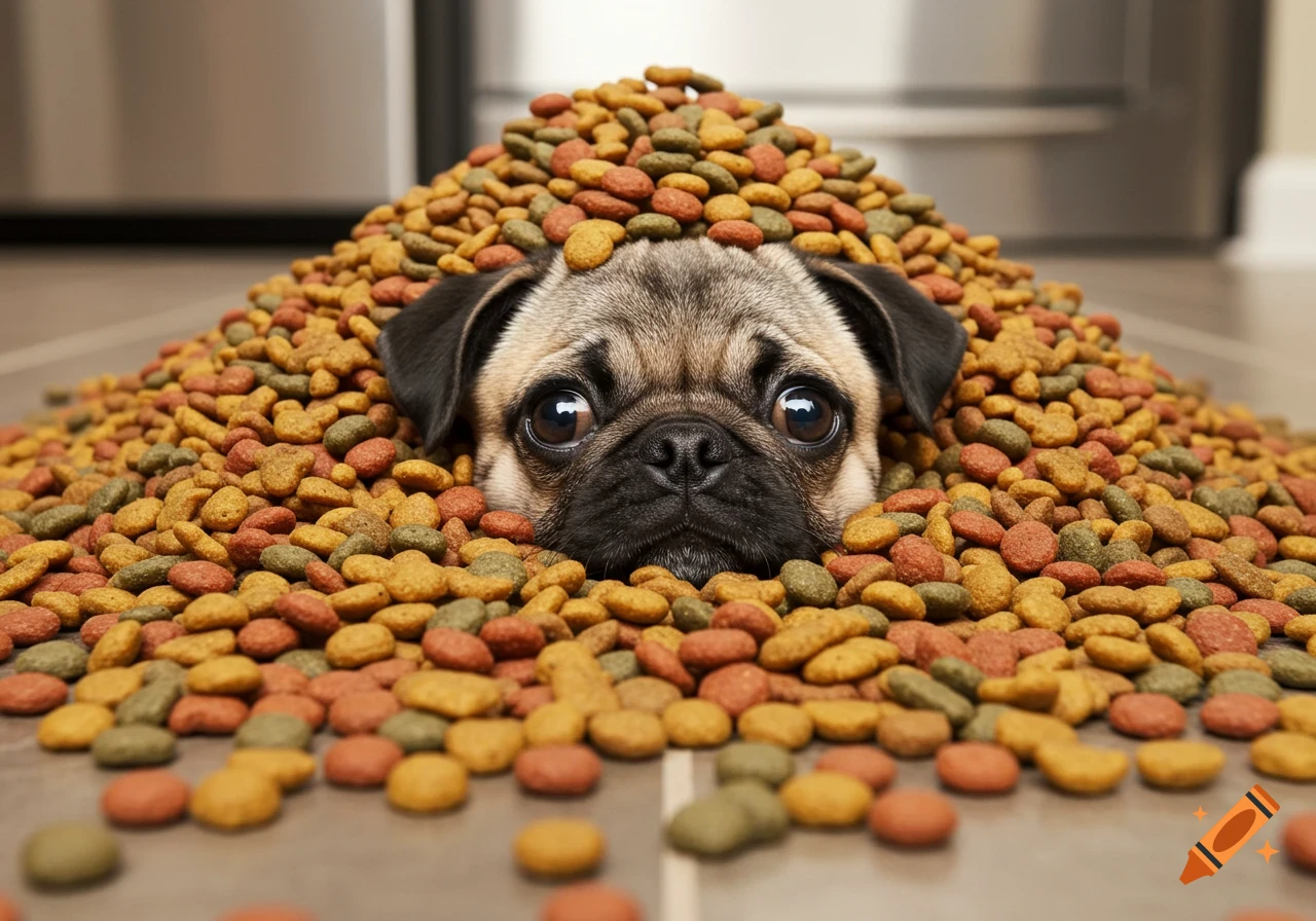 A cute pug's head peeking out from a large pile of colorful dog kibble on a tiled floor.