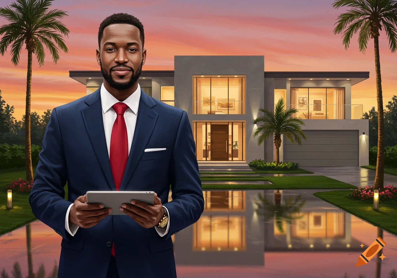 A man in a blue suit with a red tie holds a tablet, standing in front of a modern house with palm trees at sunset.