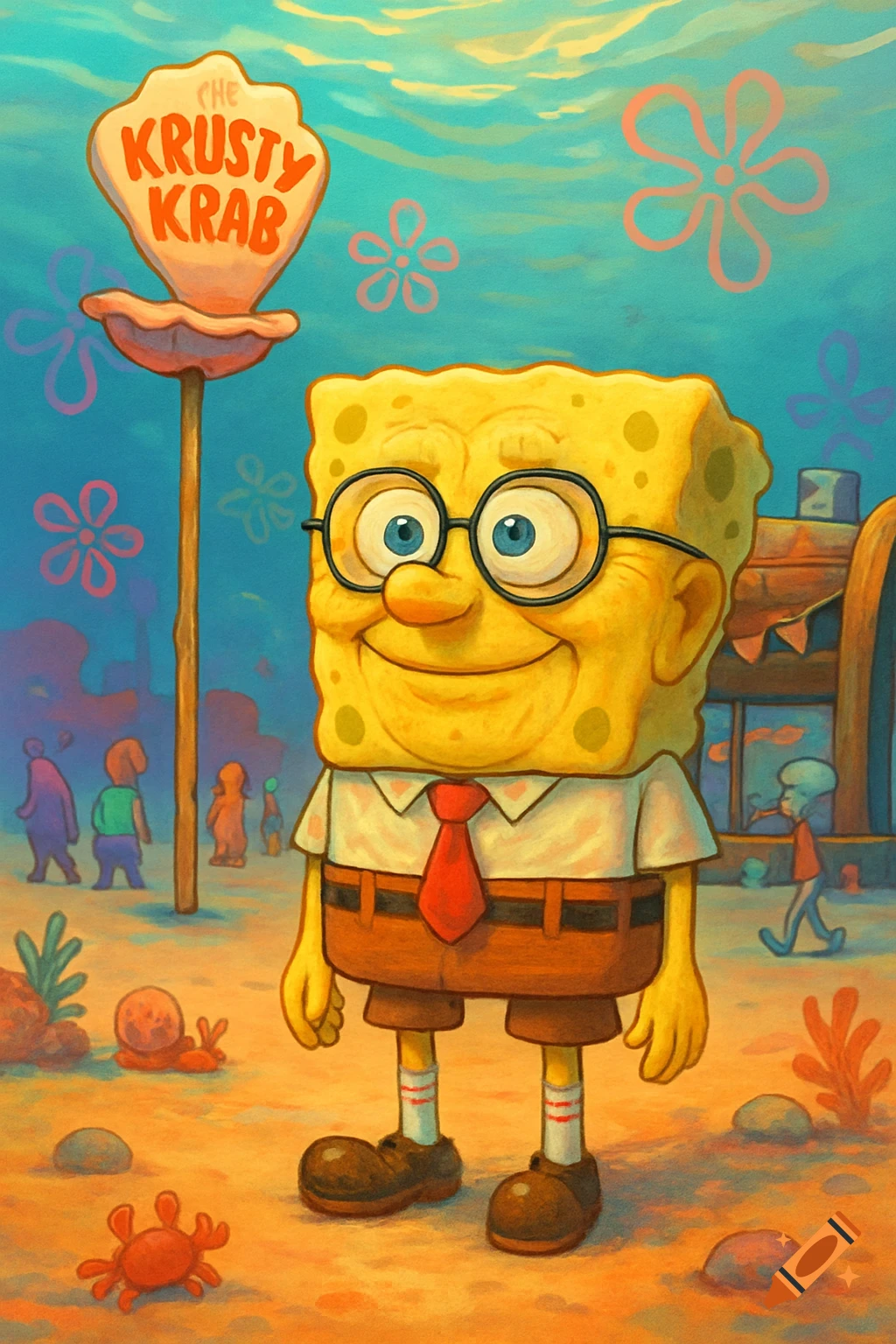 A stylized illustration of an aged SpongeBob SquarePants wearing glasses, smiling, standing outside The Krusty Krab underwater.
