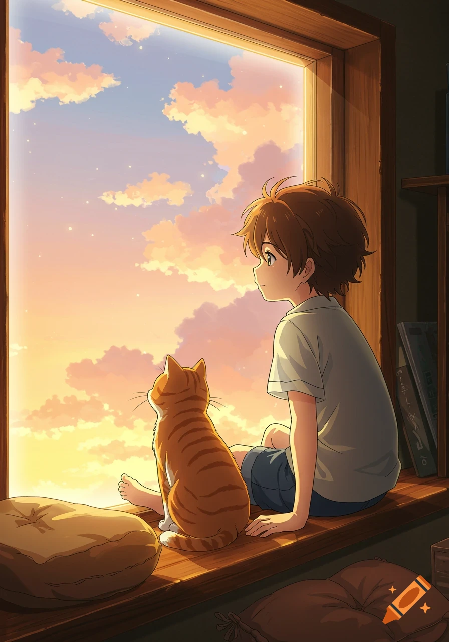 Anime style illustration of a boy and an orange cat sitting on a window ledge, looking out at a sky with warm-colored clouds.