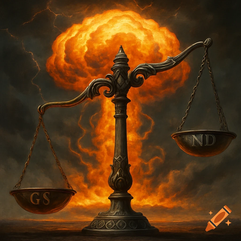 Ornate scales with 'GS' on the lower pan and 'ND' on the higher pan, set against a fiery nuclear explosion and stormy sky.