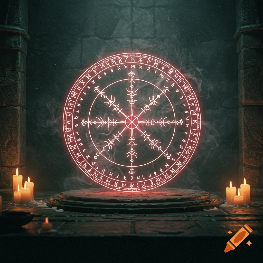 A glowing red mystical sigil surrounded by smoke on a stone pedestal, flanked by burning candles in a dark, ancient chamber.
