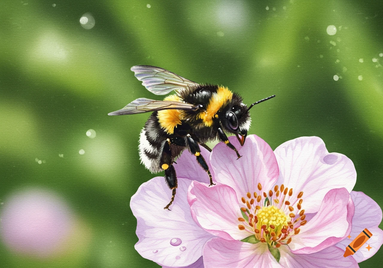 A watercolor illustration of a fluffy bumblebee perched on a delicate pink flower with a green blurred background.