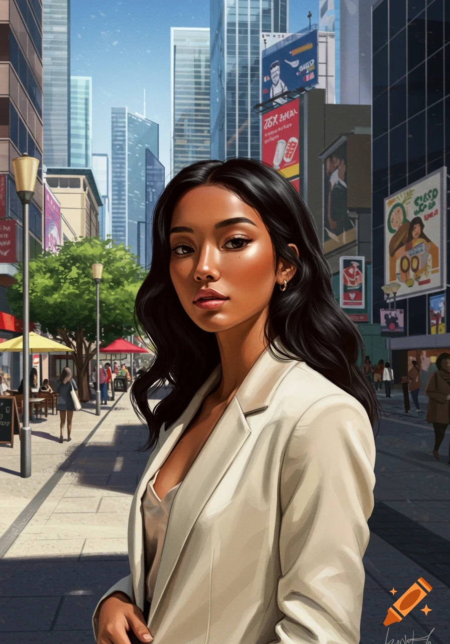 A young woman with long dark hair in a white blazer stands on a city sidewalk with tall buildings and storefronts in the background.
