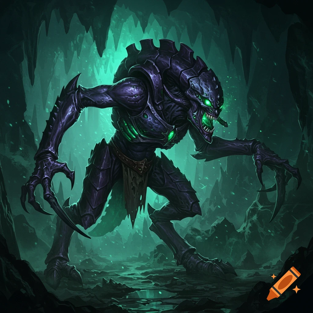 A dark purple and black armored monster with glowing green eyes and sharp claws stands in a dimly lit, damp, green-lit cave.