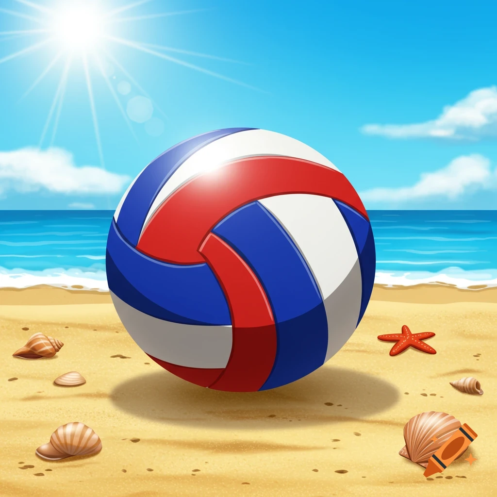 A red, white, and blue volleyball sits on a sunny beach with seashells and a starfish, with the ocean and blue sky in the background.