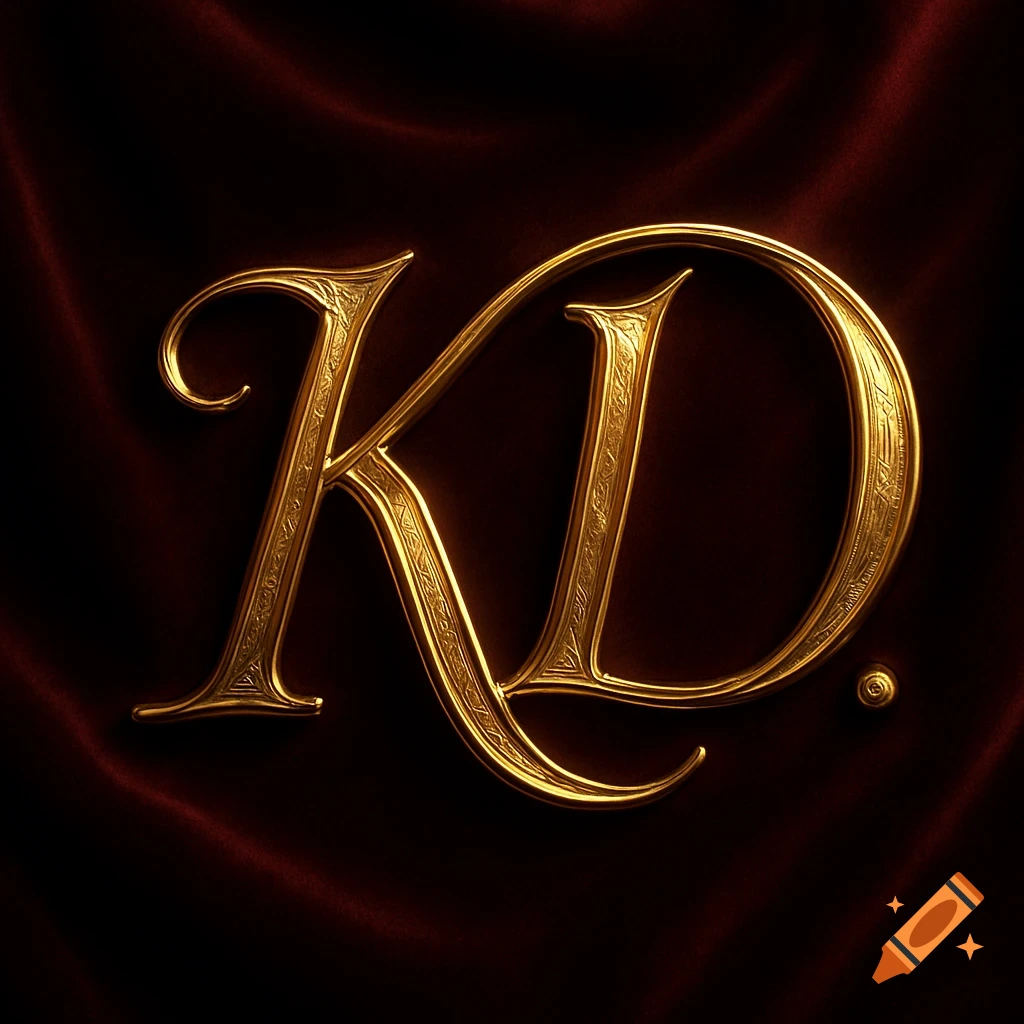 Ornate golden letters K and D on a dark red satin background.