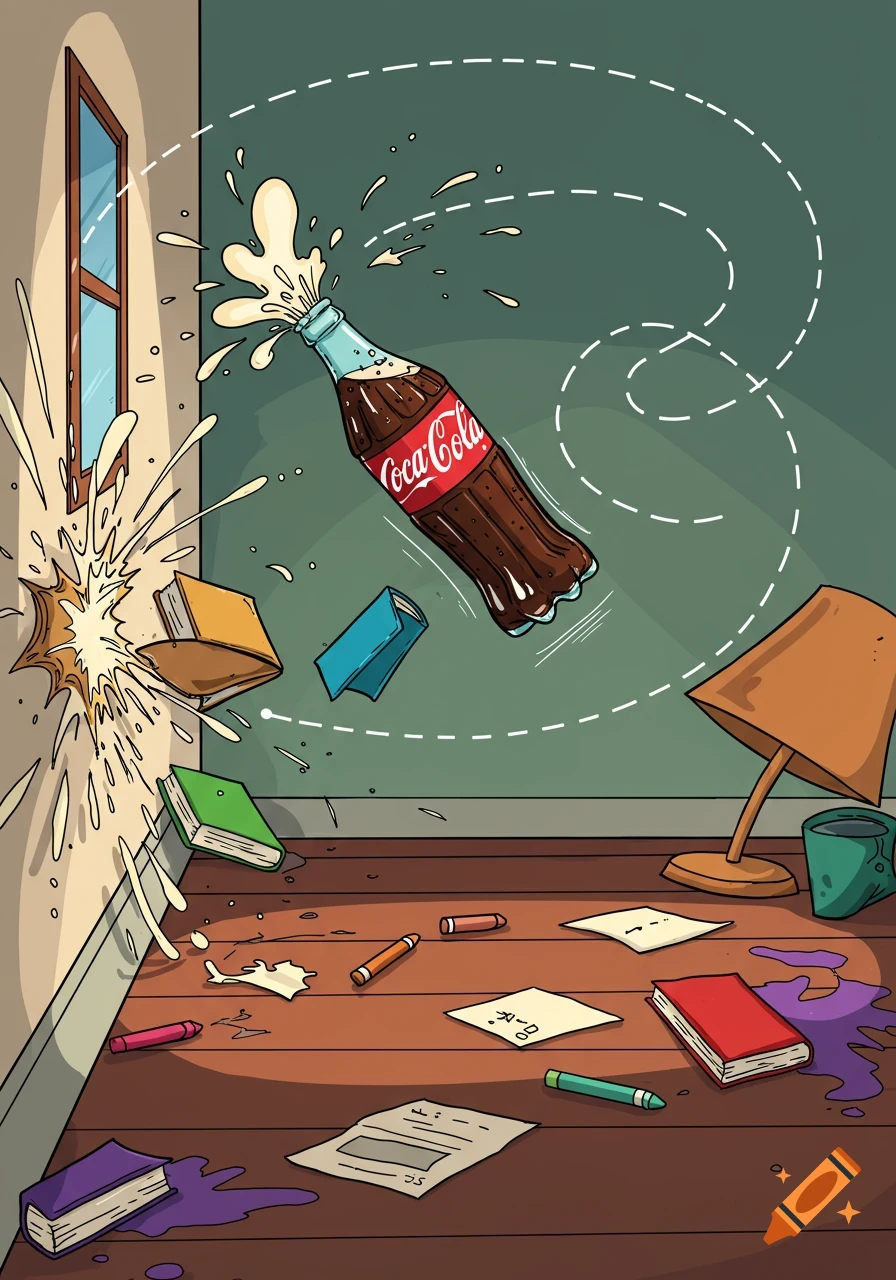 A cartoon Coca-Cola bottle fizzes and flies through a messy room, bouncing off books and splashing liquid on the wall.