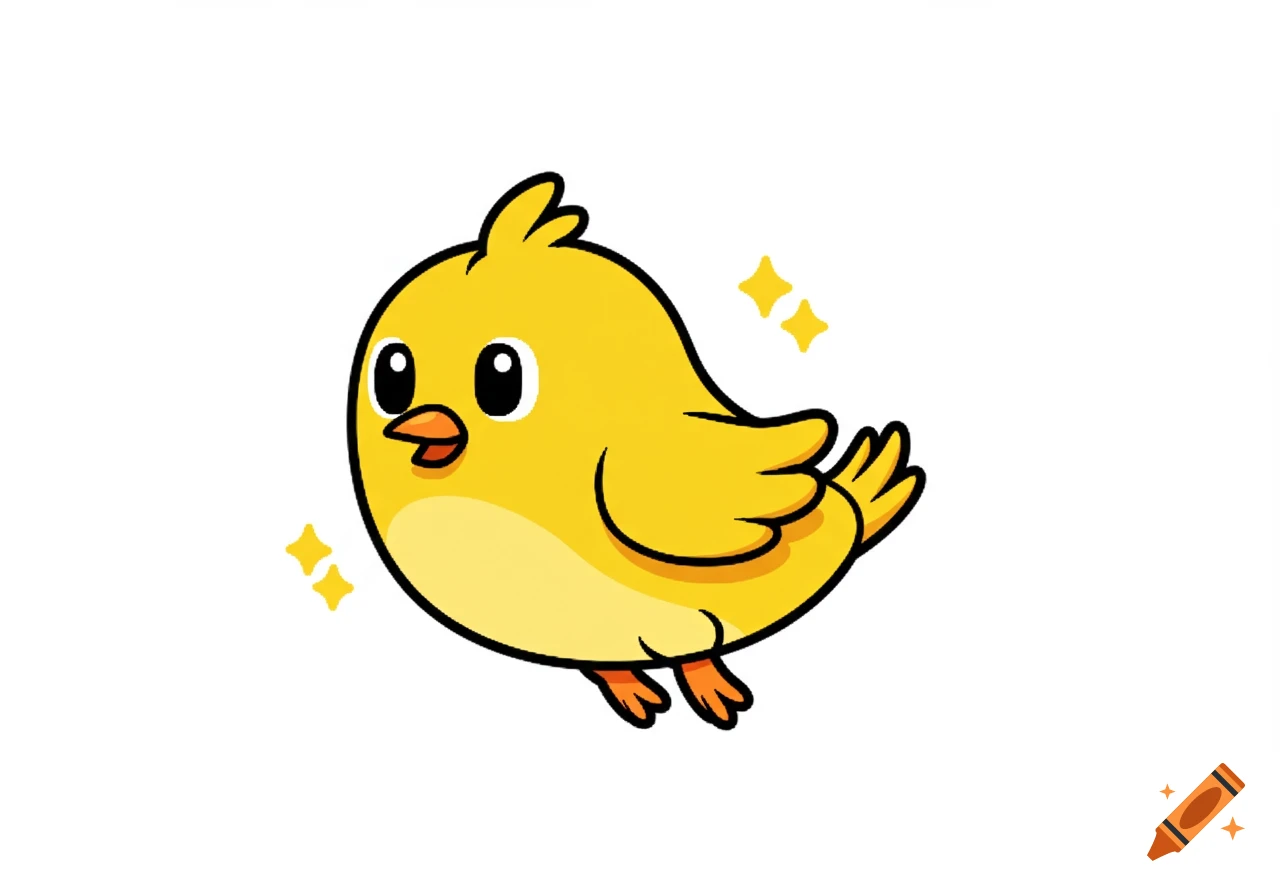 A cute cartoon yellow bird with big eyes and flapping wings floats on a white background, with two sparkling stars.