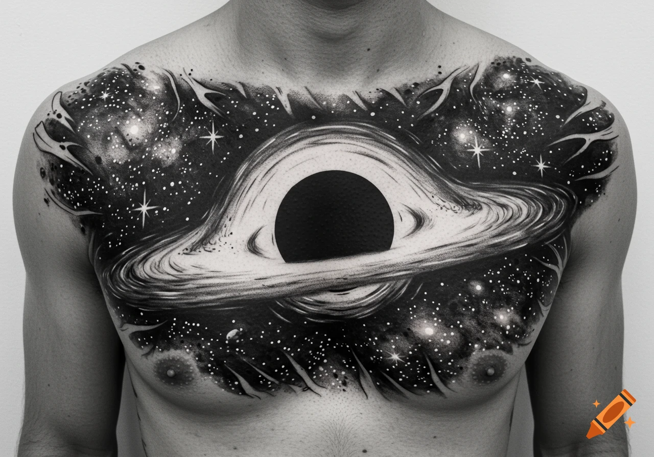 Black and white tattoo of a black hole and a galaxy with stars on a person's chest.