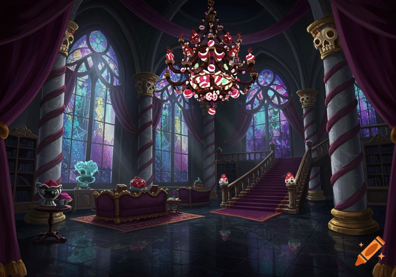 Dark gothic castle interior with vibrant stained glass windows, grand staircase, candy-themed chandelier, and skull pillars, in a stylized game art style.