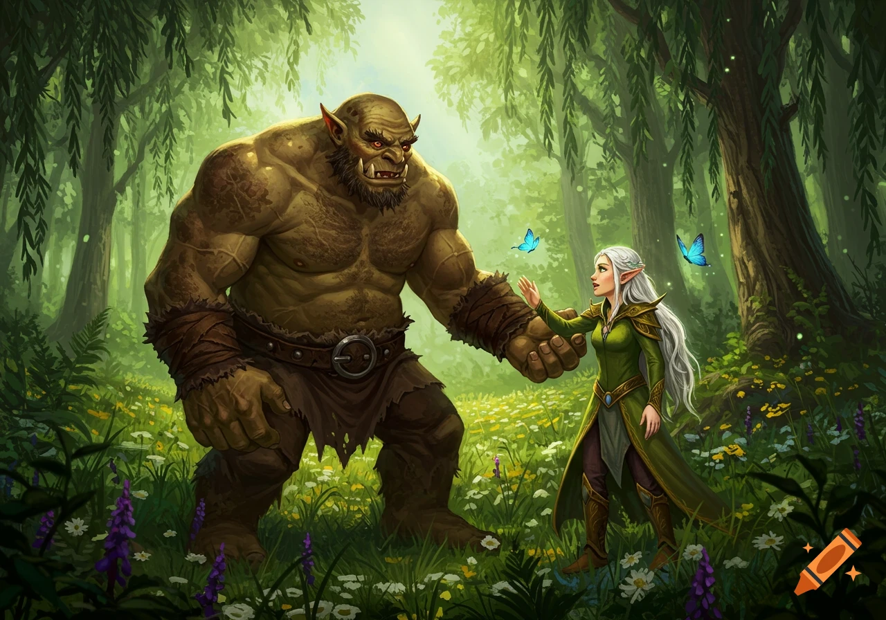 A large green ogre and an elf woman in a vibrant, sunny forest with wildflowers and blue butterflies.
