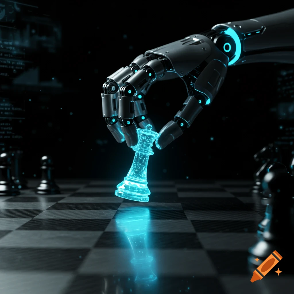 A robotic hand holds a glowing blue chess queen over a chessboard in a dark, high-tech setting.
